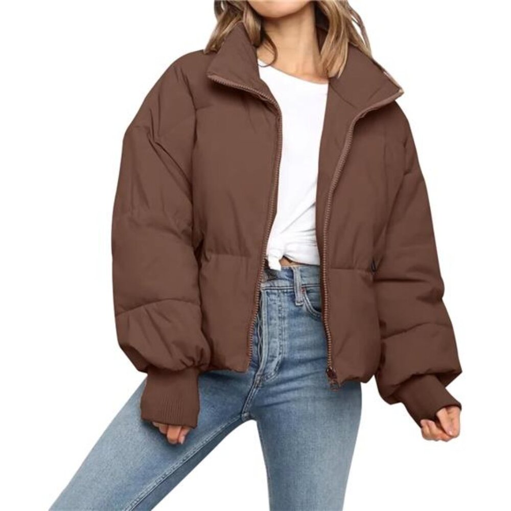 womens cropped puffer jacket winter quilted zip up oversized warm coat casual